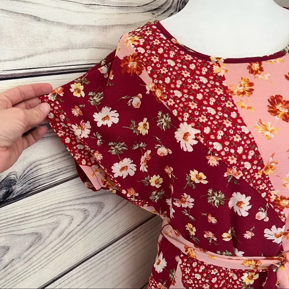 DOWNEAST Pink & Red Patchwork Floral Patterned Short Sleeve Dress Size XS